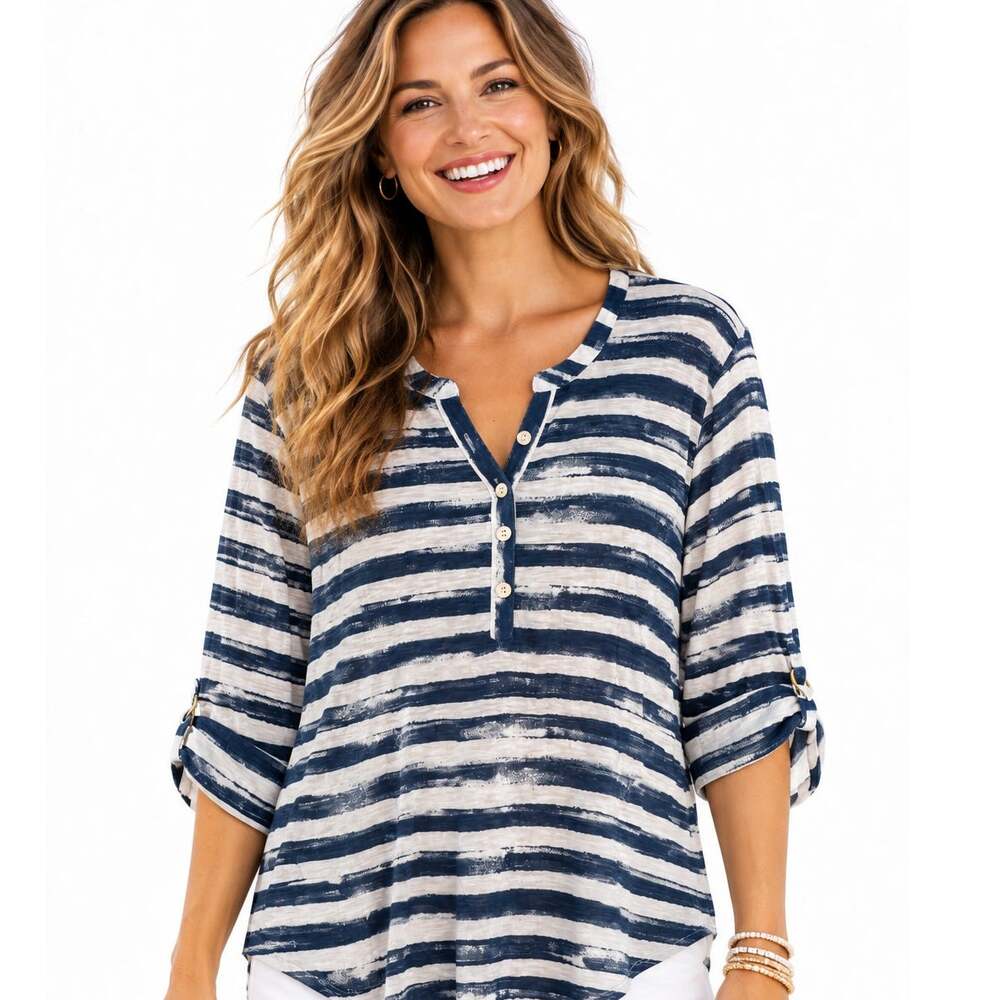 Chicos Striped Henley Top Size 4 (Womens XXL) Blue White Cotton Modal Beachy